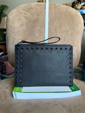 Michael Kors Jet Set Travel XL Studded Clutch Black Leather Very Good Condition
